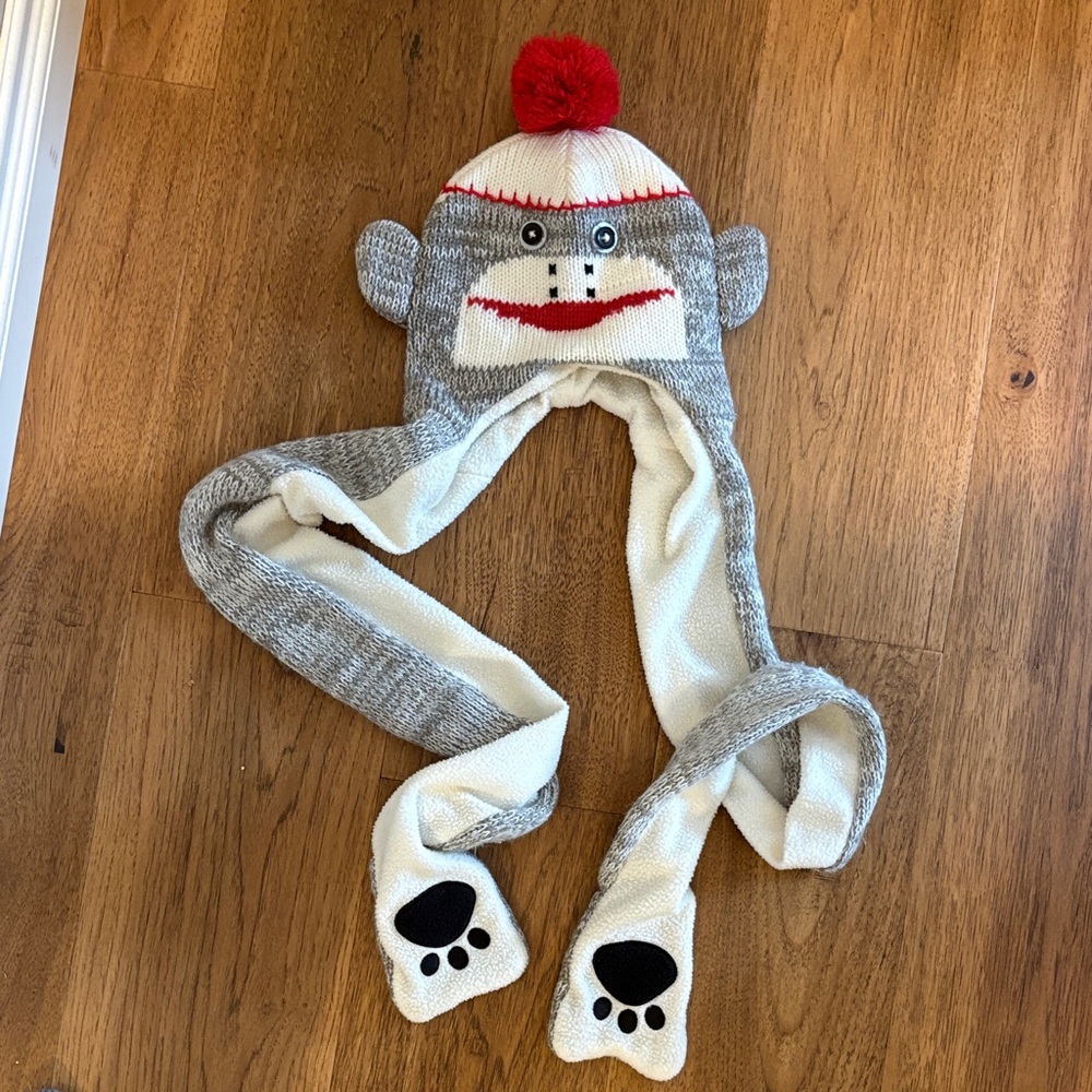 Gray and White Sock Monkey Hat with scarf and mittens NWOT